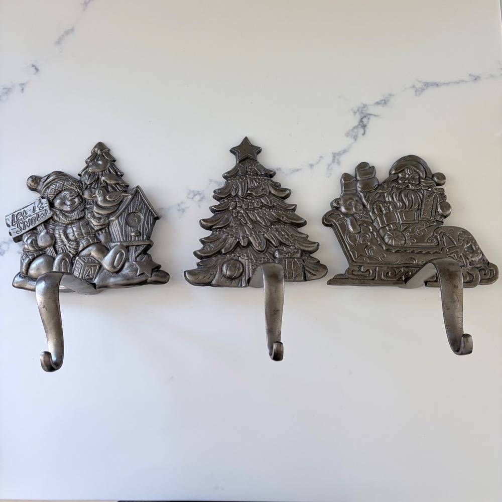 Vintage‎ Style Cast Metal Christmas Stocking Holders Santa Tree Snowman Set of 3